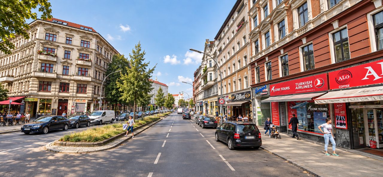 Banner für Physiotherapie-Job in Berlin-Gesundbrunnen. Eine belebte Einkaufsstraße in Berlin-Gesundbrunnen.