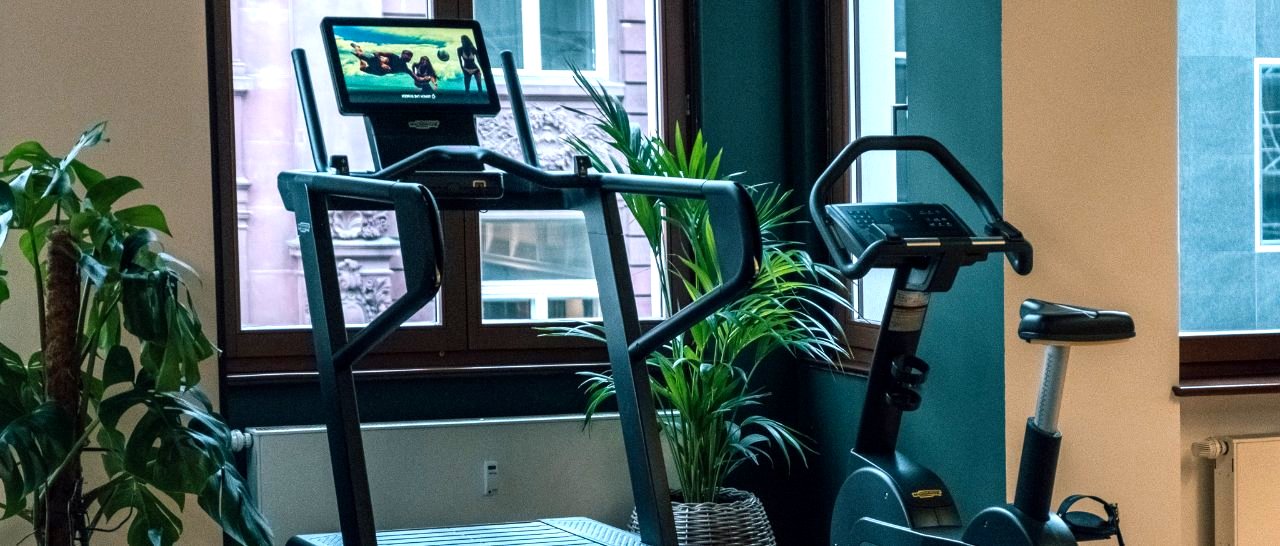 Banner für Physiotherapie-Job in Berlin-Mitte. Ein heller Trainingsraum mit Laufband, Ergometer und Pflanzen vor großen Fenstern.